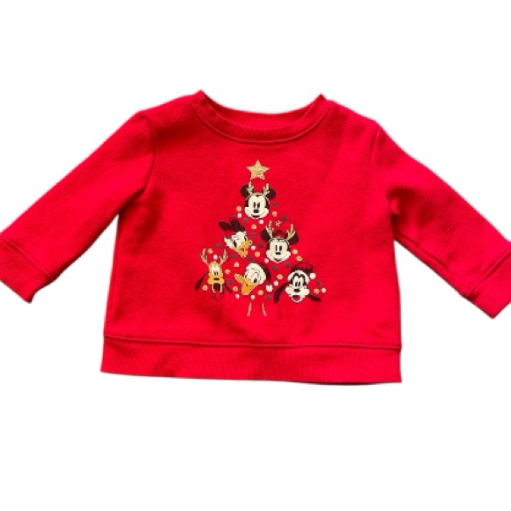 #183, Disney Festive Red Kids Sweatshirt with Character Tree, size 12 mo